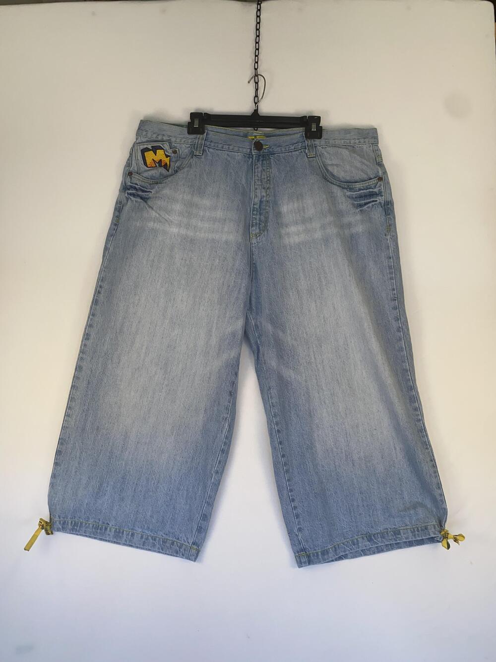 Miskeen Shorts Mens 44 Blue Denim Bermuda Drawstring Hem Art Pockets Embroidered